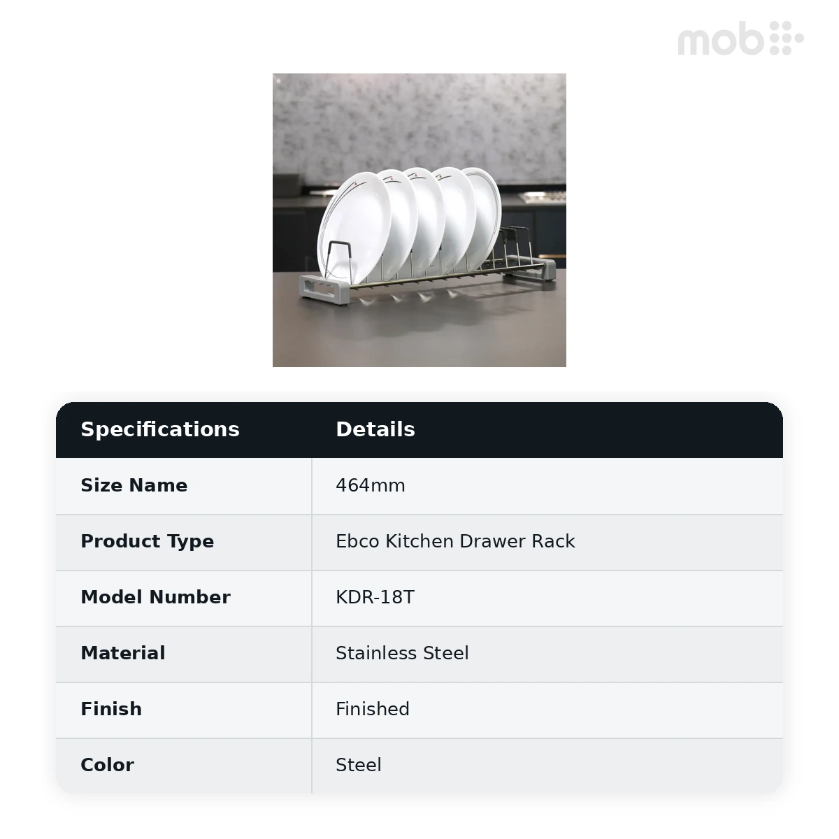Ebco Livsmart Kitchen Drawer Rack Thali SS304 Length 464mm code: KDR-18T