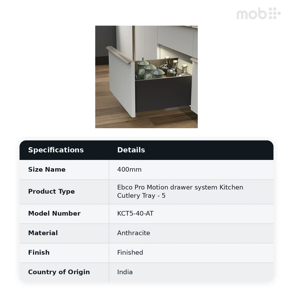 Ebco Livsmart Pro Motion drawer system Kitchen Cutlery Tray 5 Length 400mm Anthracite Color code: KCT5-40-AT - image 2
