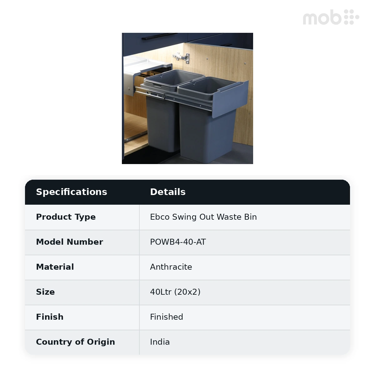 Ebco Livsmart Pullout Double Waste bin 4 Capacity 40Ltr (20x2) Anthracite Color code: POWB4-40-AT - image 2