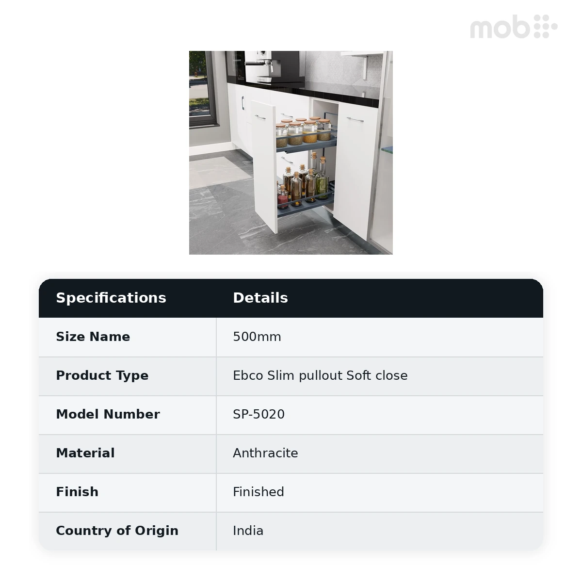Ebco Livsmart Slim pullout Soft Close Length 500mm Anthracite Color code: SP-5020
