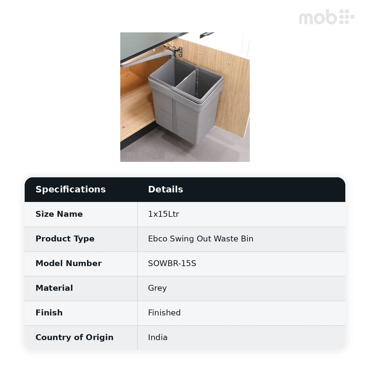 Ebco Livsmart Swing out Waste bin Rectangular (Single) Capacity 1x15Ltr Grey Color code: SOWBR-15S - image 2