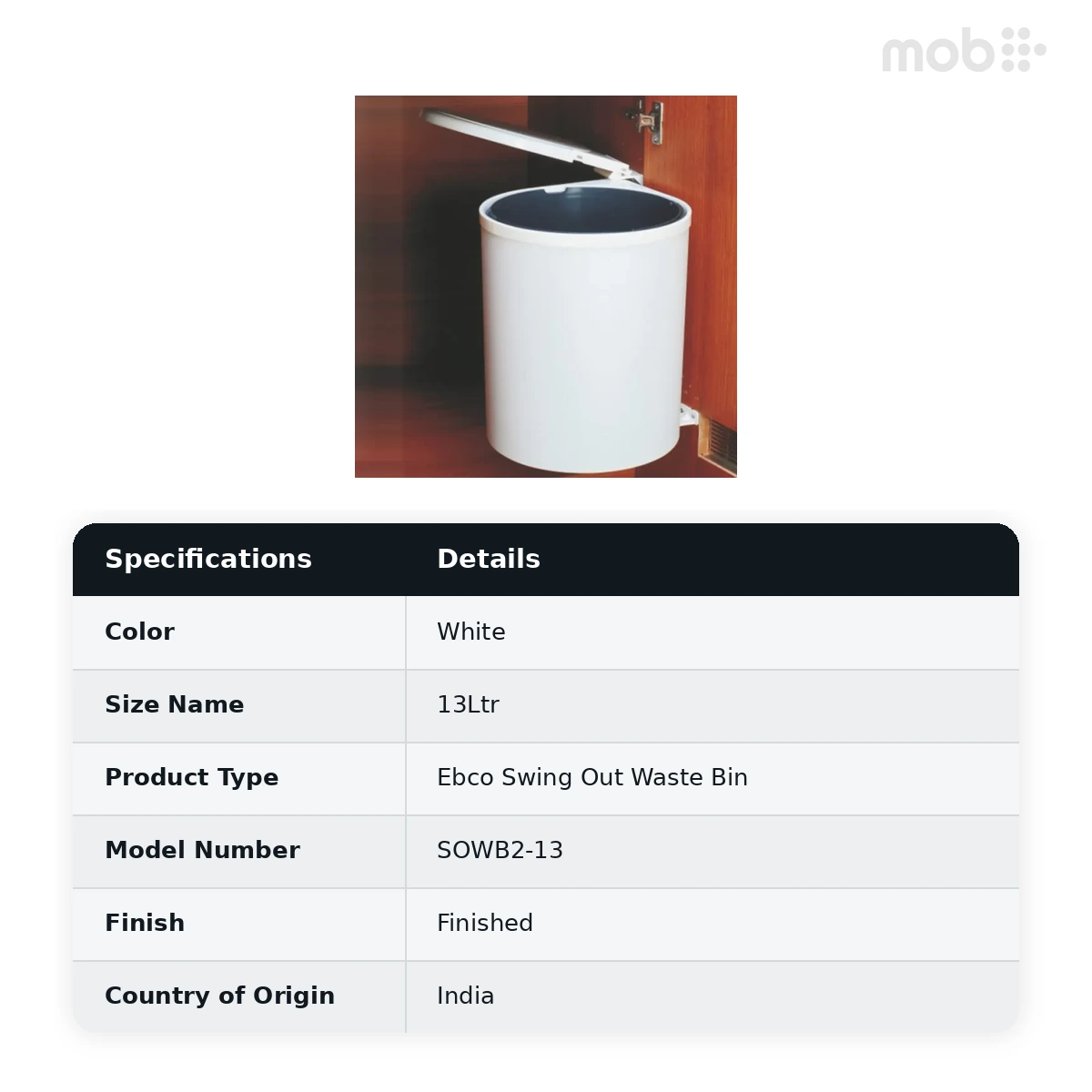 Ebco Livsmart Swing out Waste bin (White Color) Capacity 13Ltr code: SOWB2-13 - image 2