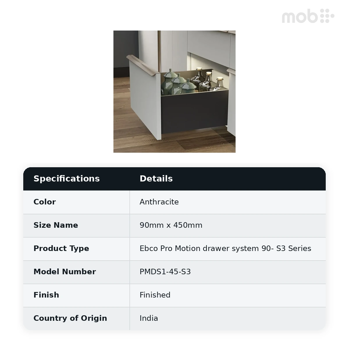 Ebco Livsmart Tandem Box Pro Motion drawer system 90 S3 Series Height 90mm x Length 450mm Anthracite Color code: PMDS1-45-S3 - image 2