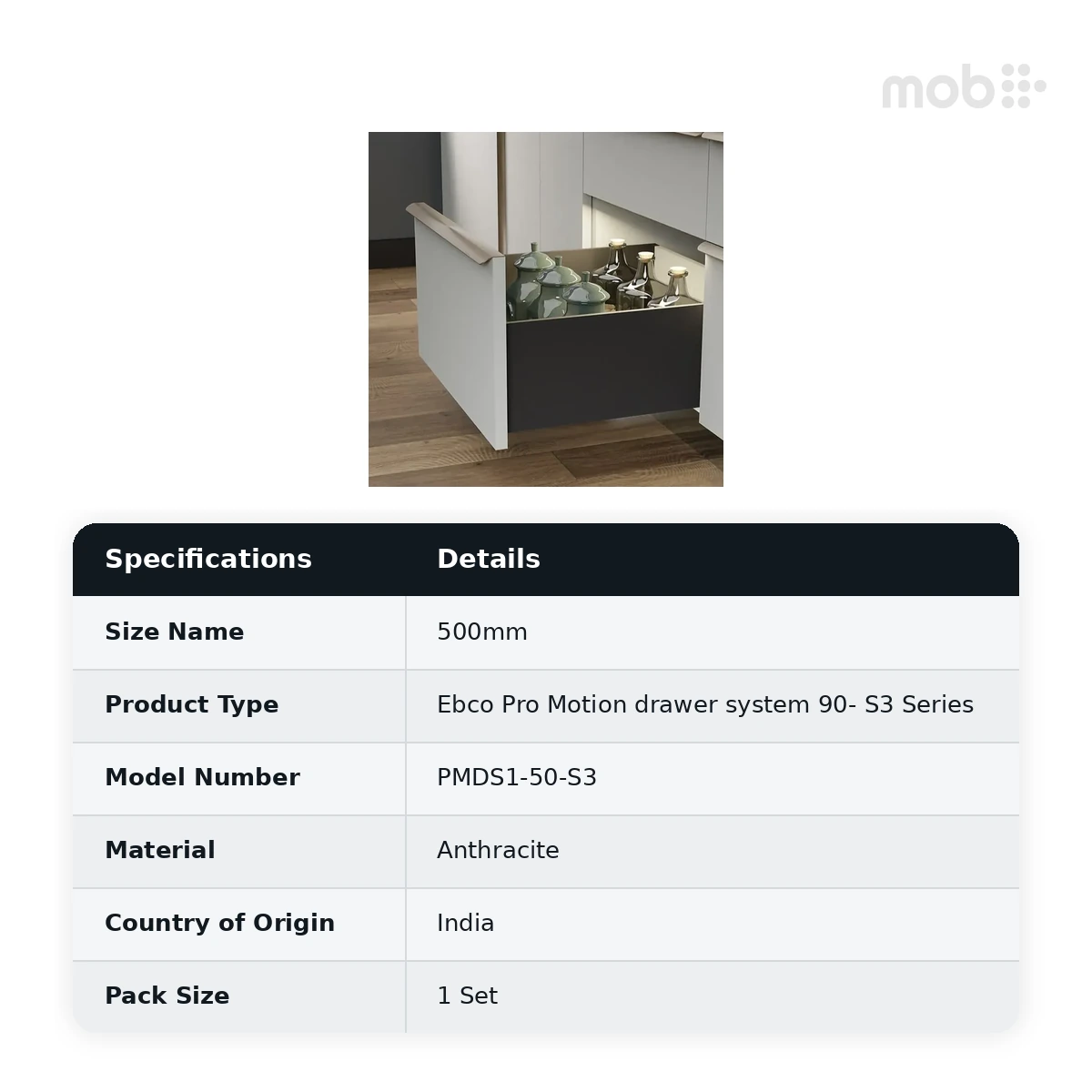 Ebco Livsmart Tandem Box Pro Motion drawer system 90 S3 Series Height 90mm x Length 500mm Anthracite Color code: PMDS1-50-S3 - image 2