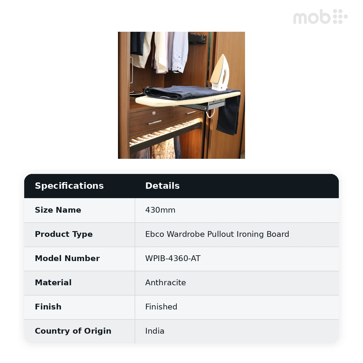 Ebco Livsmart Wardrobe Pullout Ironing Board Length 430mm Anthracite Color code: WPIB-4360-AT - image 2