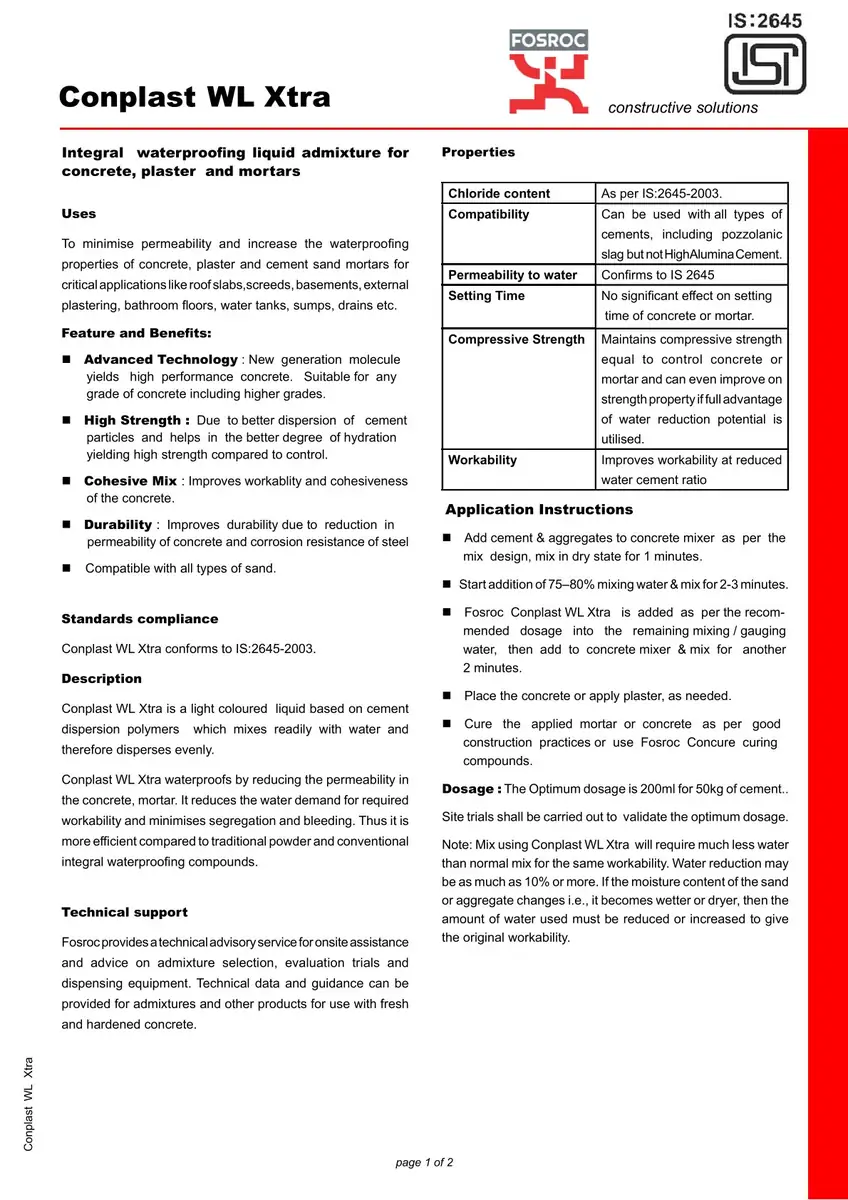 Fosroc Conplast WL Xtra Waterproofing Liquid 1 L - image 2