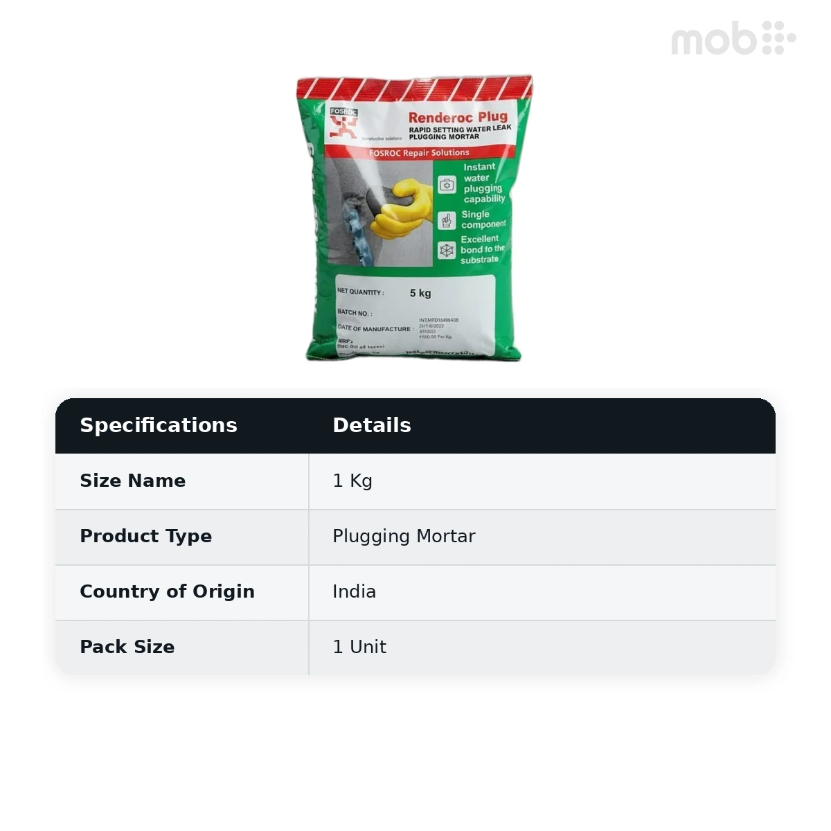 Fosroc Renderoc Plug RS Water Leak Plugging Mortar 1 Kg - image 2