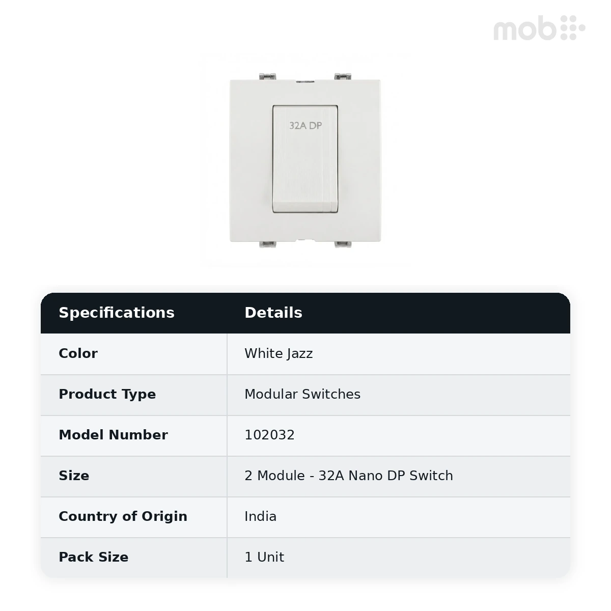 Goldmedal Curve 32A Nano DP Switch, 240V, 2 Module, White Jazz, Code: 102032 - image 2
