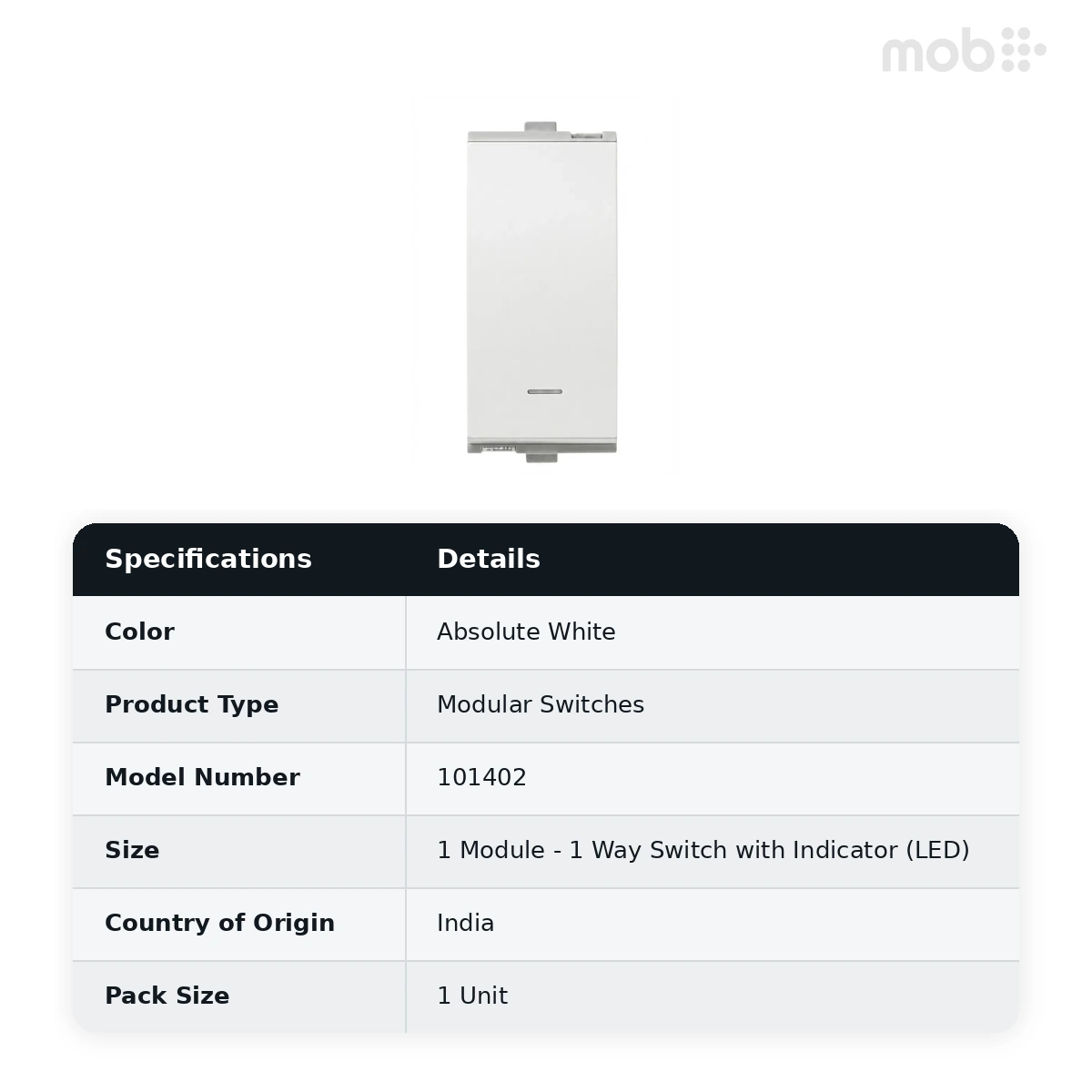 Goldmedal Nixon 1 Way Switch with Indicator (LED), 10AX, 240V, 1 Module, Absolute White, Code: 101402 - image 2