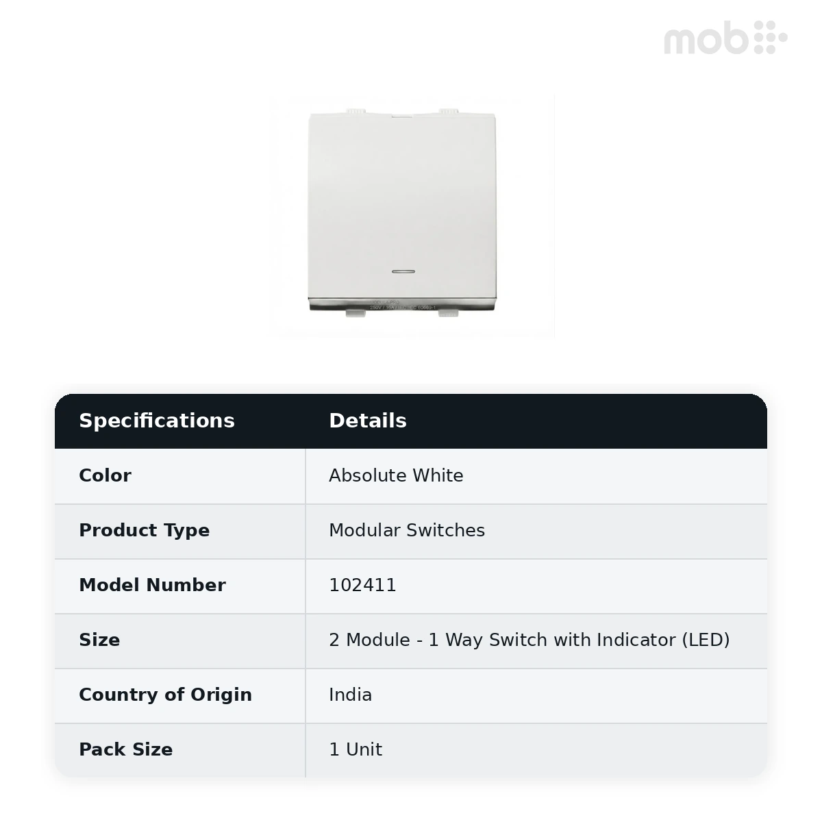 Goldmedal Nixon 1 Way Switch with Indicator (LED), 10AX, 240V, 2 Module, Absolute White, Code: 102411 - image 2