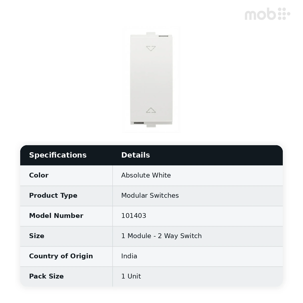 Goldmedal Nixon 2 Way Switch, 10AX, 240V, 1 Module, Absolute White, Code: 101403