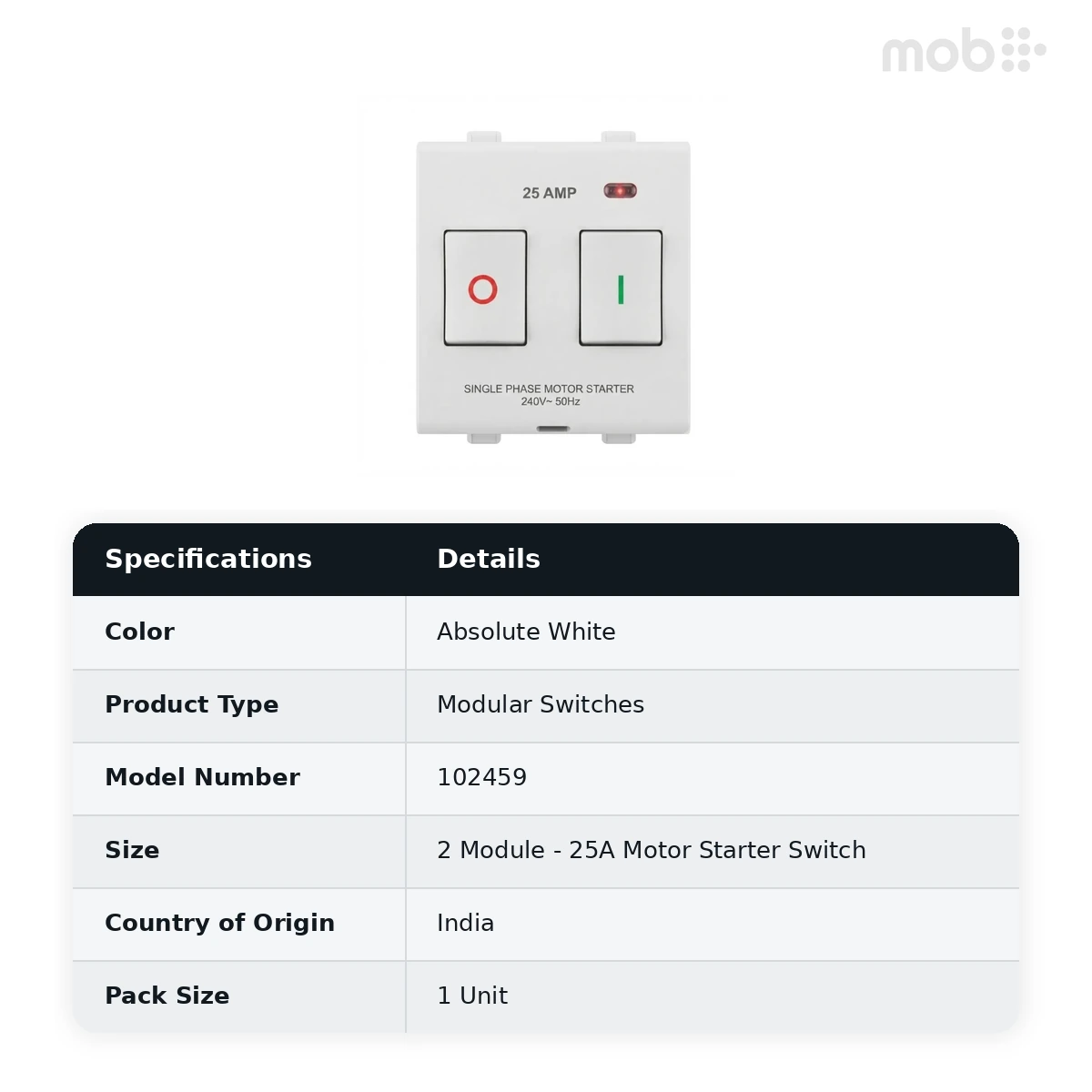 Goldmedal Nixon 25A Motor Starter Switch, 240V, 50-60Hz, 2 Module, Absolute White, Code: 102459 - image 2