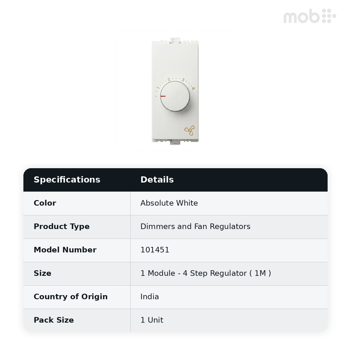 Goldmedal Nixon 4 Step Regulator (1M), 240V, 1 Module, Absolute White, Code: 101451