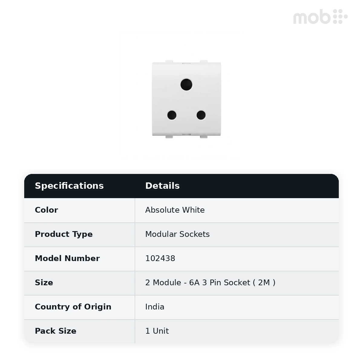 Goldmedal Nixon 6A 3 Pin Socket (2M), 240V, 2 Module, Absolute White, Code: 102438 - image 2