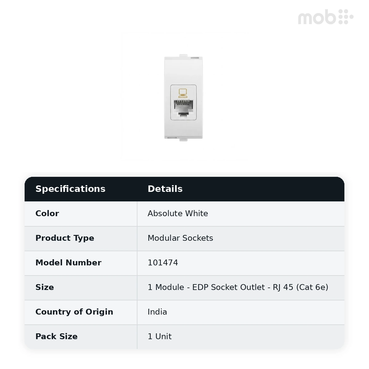 Goldmedal Nixon EDP Socket Outlet - RJ 45 (Cat 6e), 1 Module, Absolute White, Code: 101474