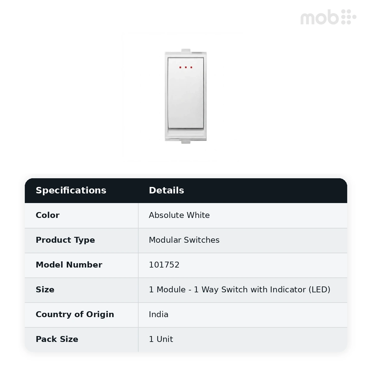 Goldmedal Nixon G-Click 1 Way Switch with Indicator (LED), 10AX, 240V, 1 Module, Absolute White, Code: 101752 - image 2