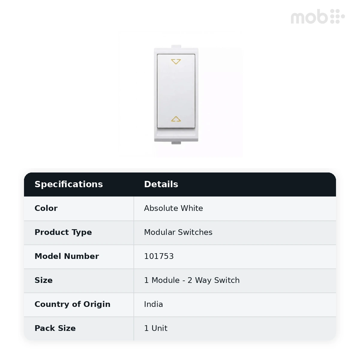 Goldmedal Nixon G-Click 2 Way Switch, 10AX, 240V, 1 Module, Absolute White, Code: 101753 - image 2