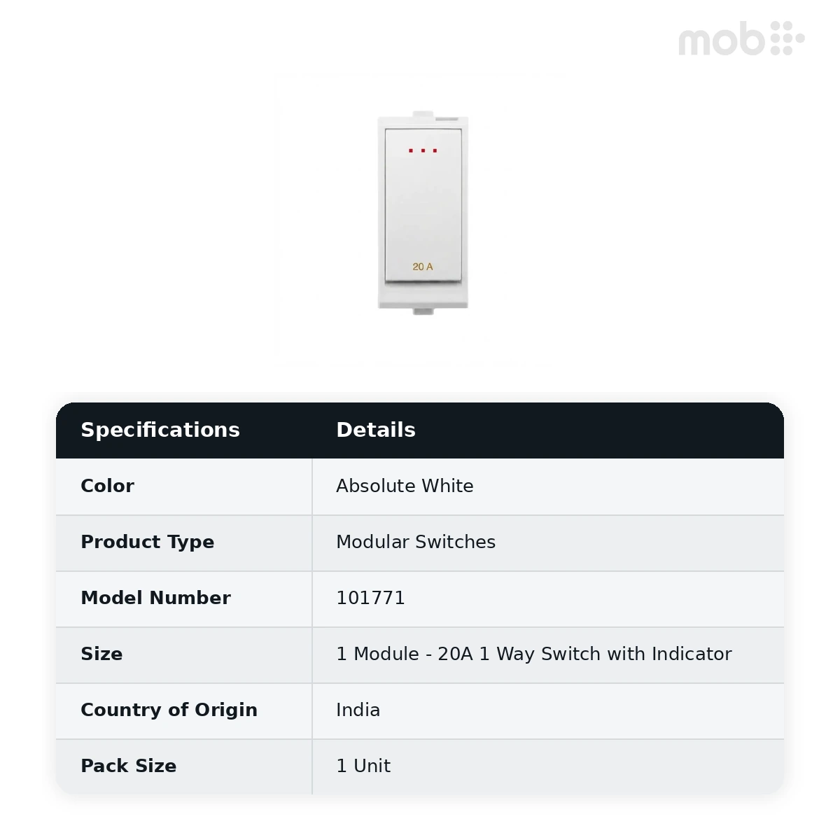 Goldmedal Nixon G-Click 20A 1 Way Switch with Indicator, 240V, 1 Module, Absolute White, Code: 101771 - image 2