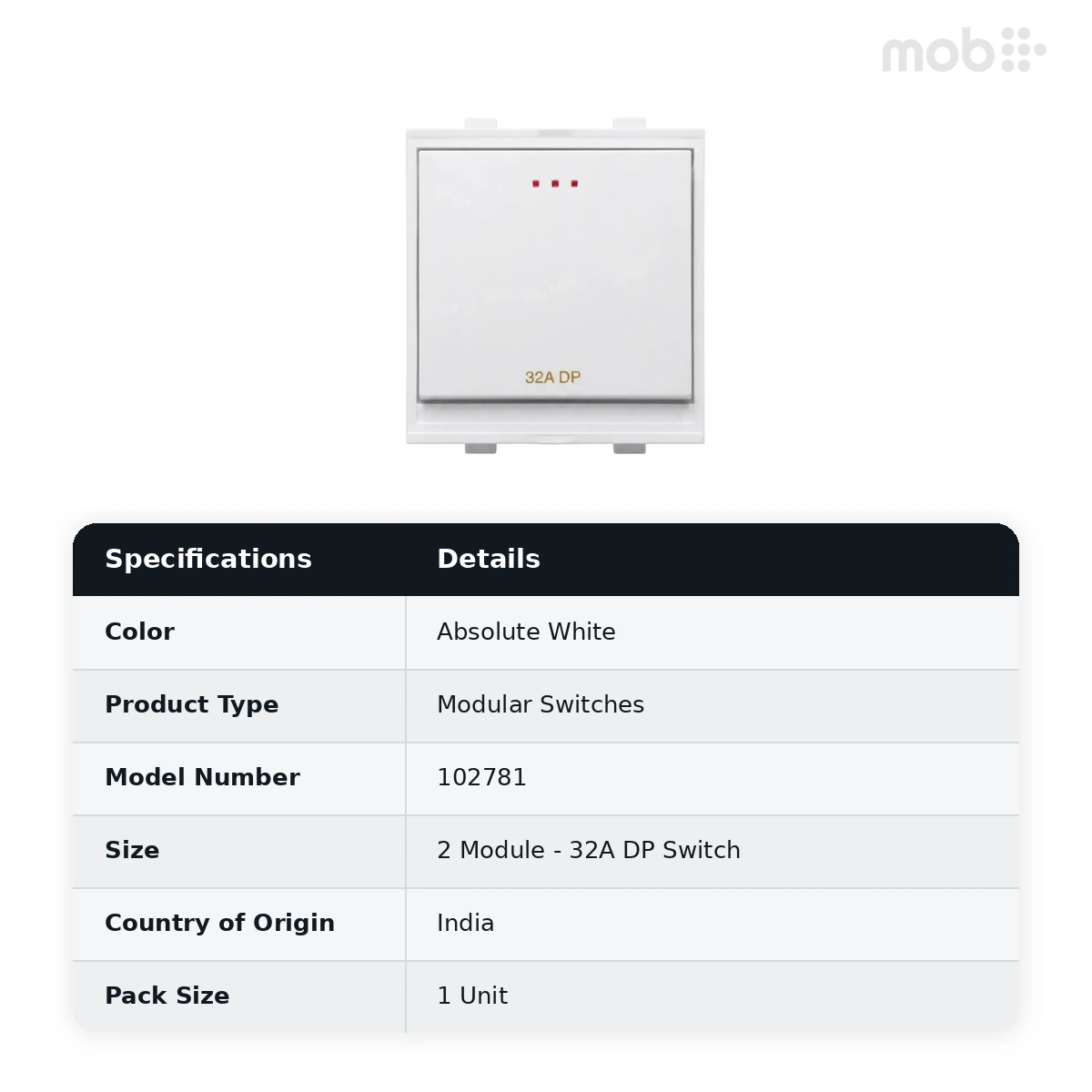 Goldmedal Nixon G-Click 32A DP Switch, 240V, 2 Module, Absolute White, Code: 102781