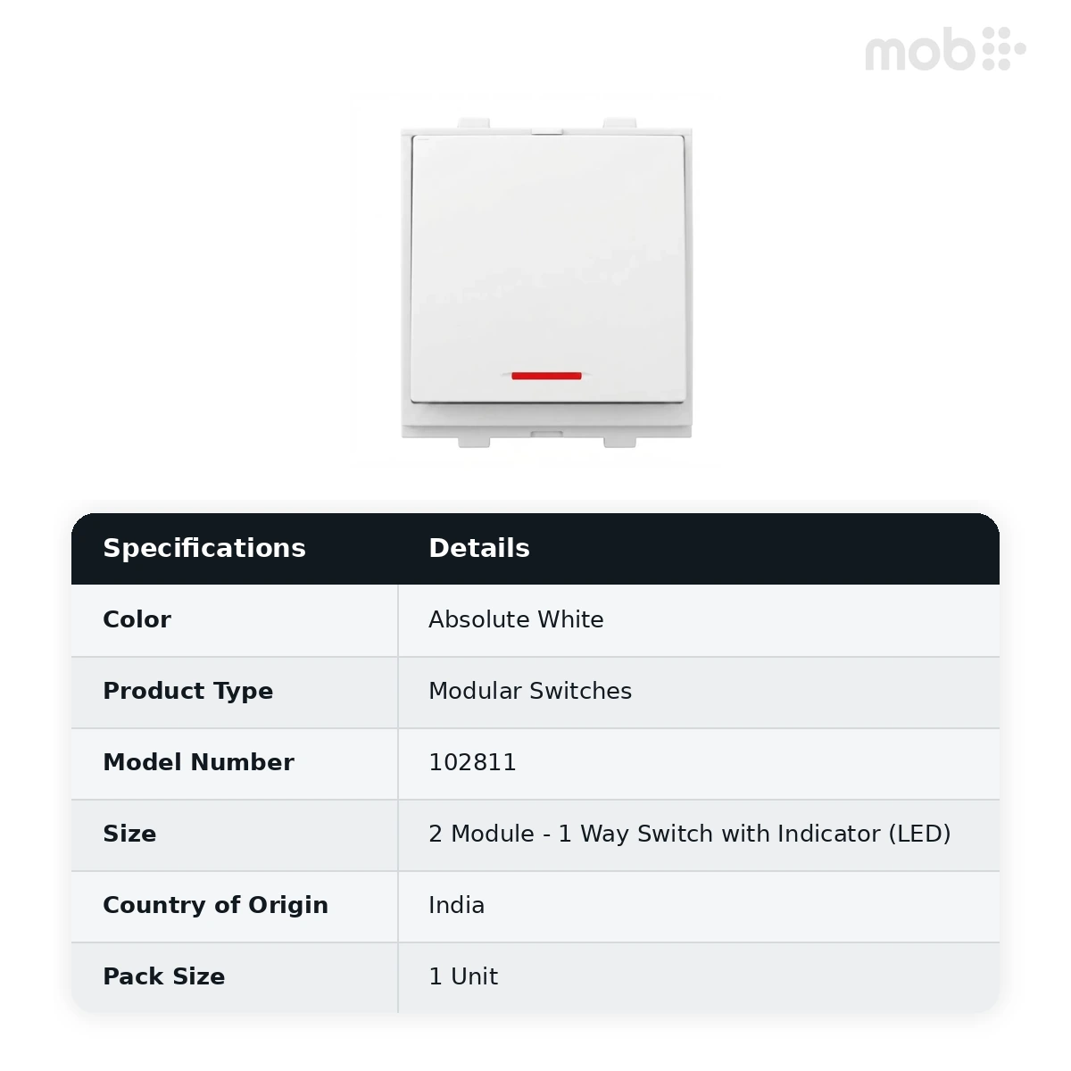 Goldmedal Nixon G-Dip 1 Way Switch with Indicator (LED), 10AX, 240V, 2 Module, Absolute White, Code: 102811 - image 2
