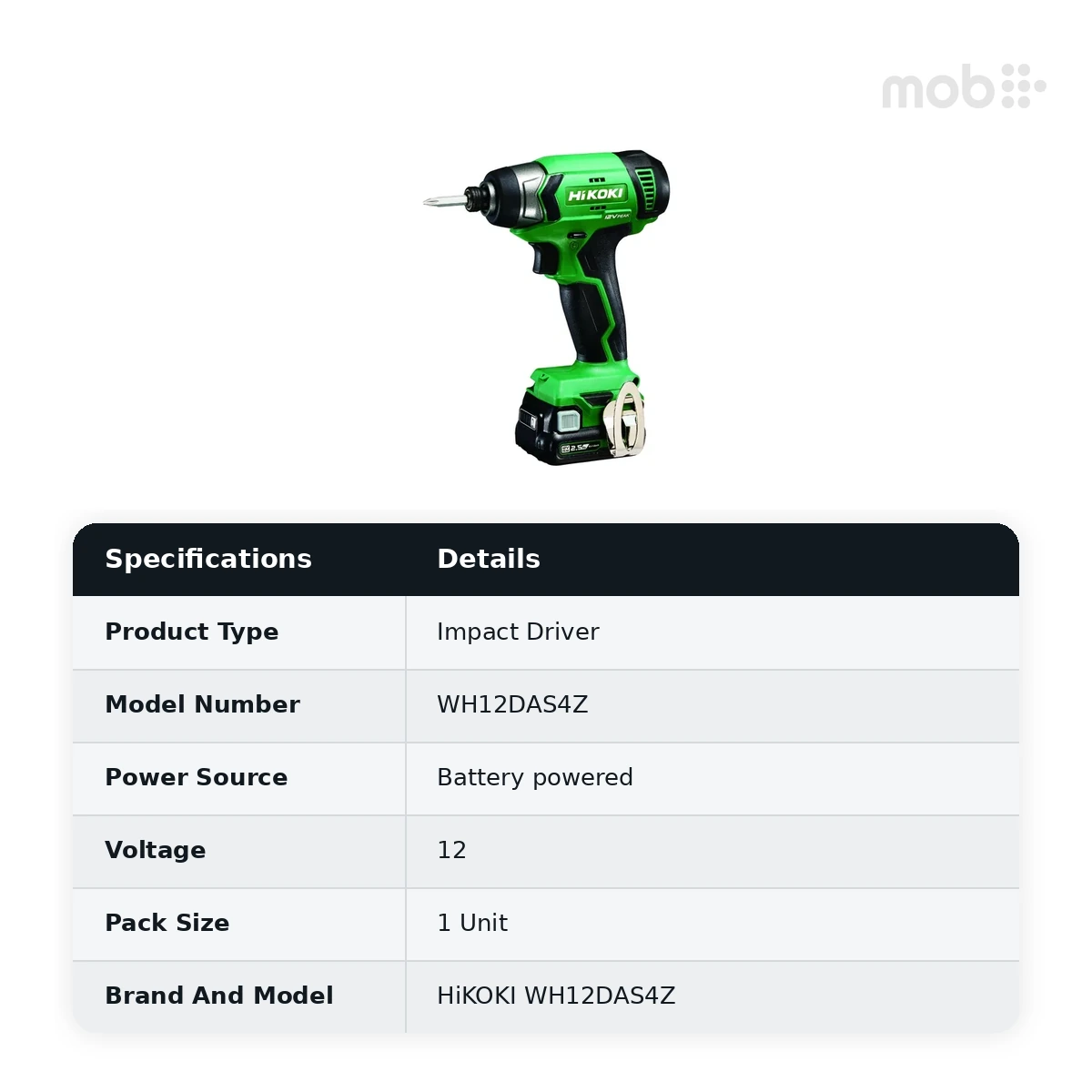 HiKOKI Impact Driver, 12V Peak / 110Nm / 0-3,200IPM (Bare Tool), Code: WH12DAS4Z - image 2