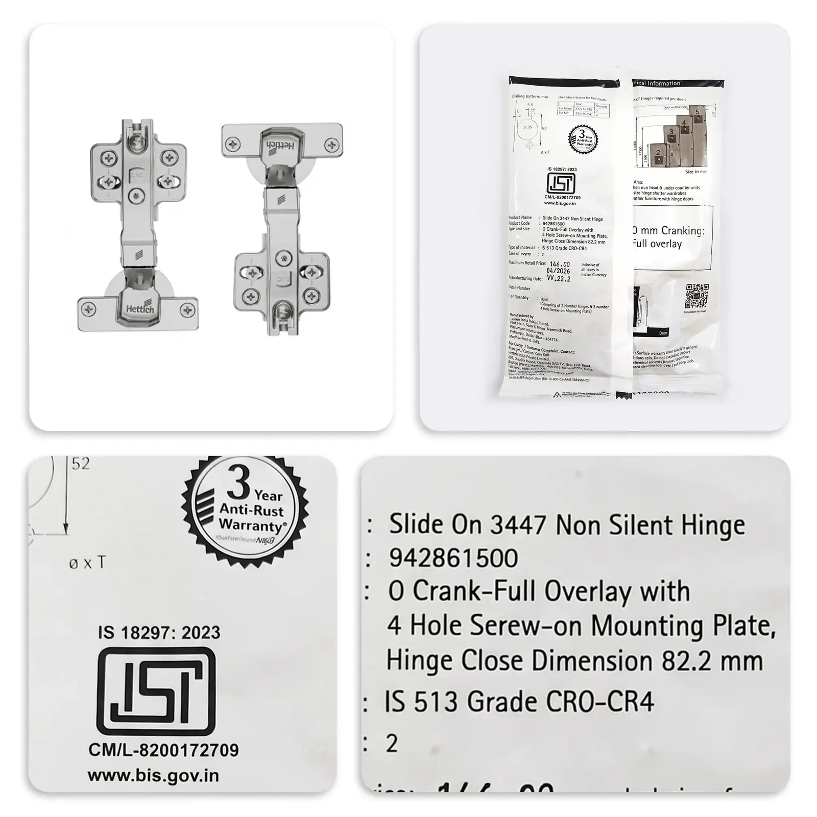 Hettich Slide On 3447 Automatic Closing Cabinet Hinge, 0° crank, Code 9428615