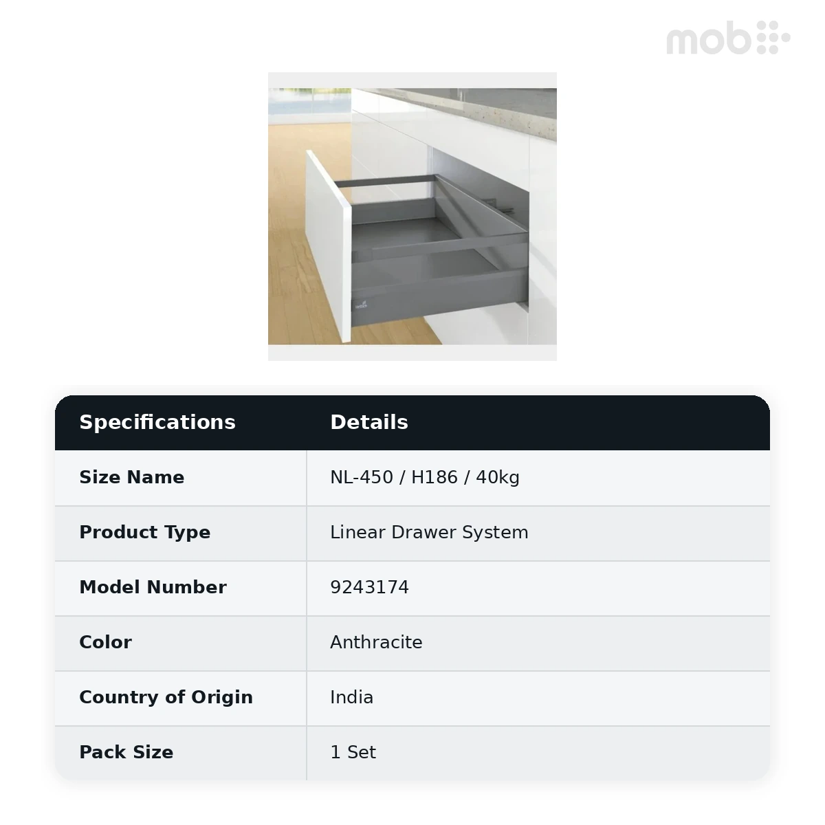 Hettich ArciTech Anthracite NL-450 mm pot & pan with railing, Height 186 mm, 40 kg code: 9243174 - image 2