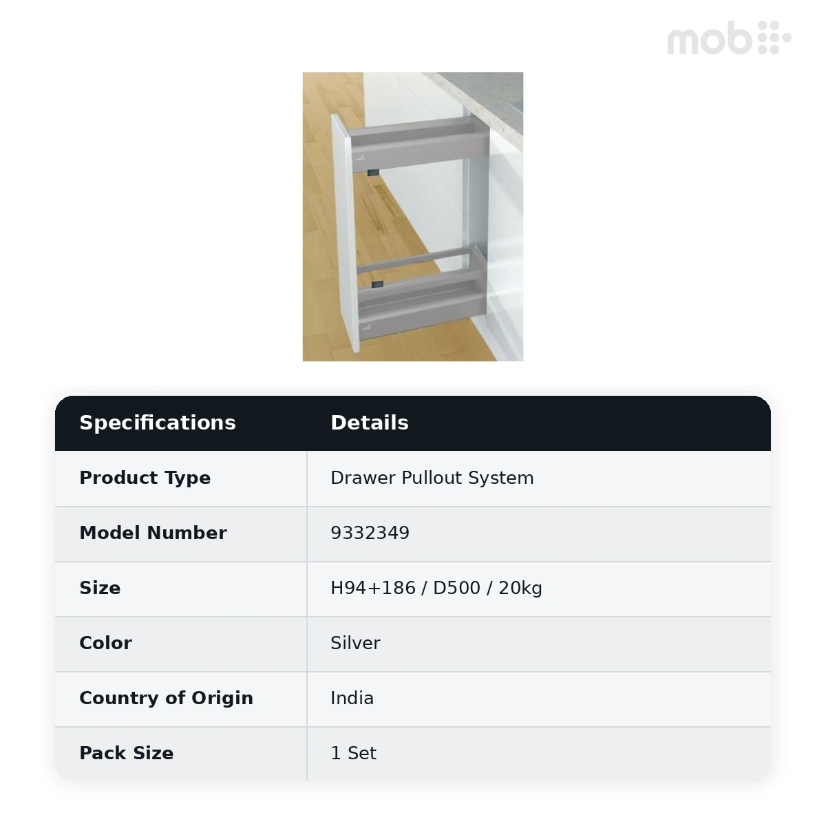 Hettich ArciTech Narrow Pullout (Height 94+186 mm)/ 20 Kg/ Depth 500 mm code: 9332349 - image 2