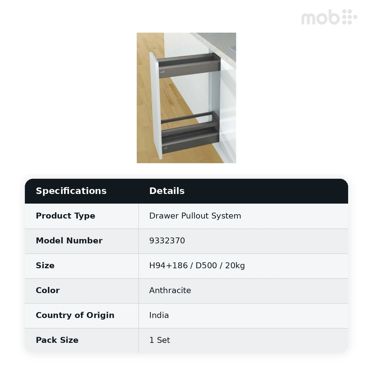 Hettich ArciTech Narrow Pullout (Height 94+186 mm)/ 20 Kg/ Depth 500 mm code: 9332370 - image 2