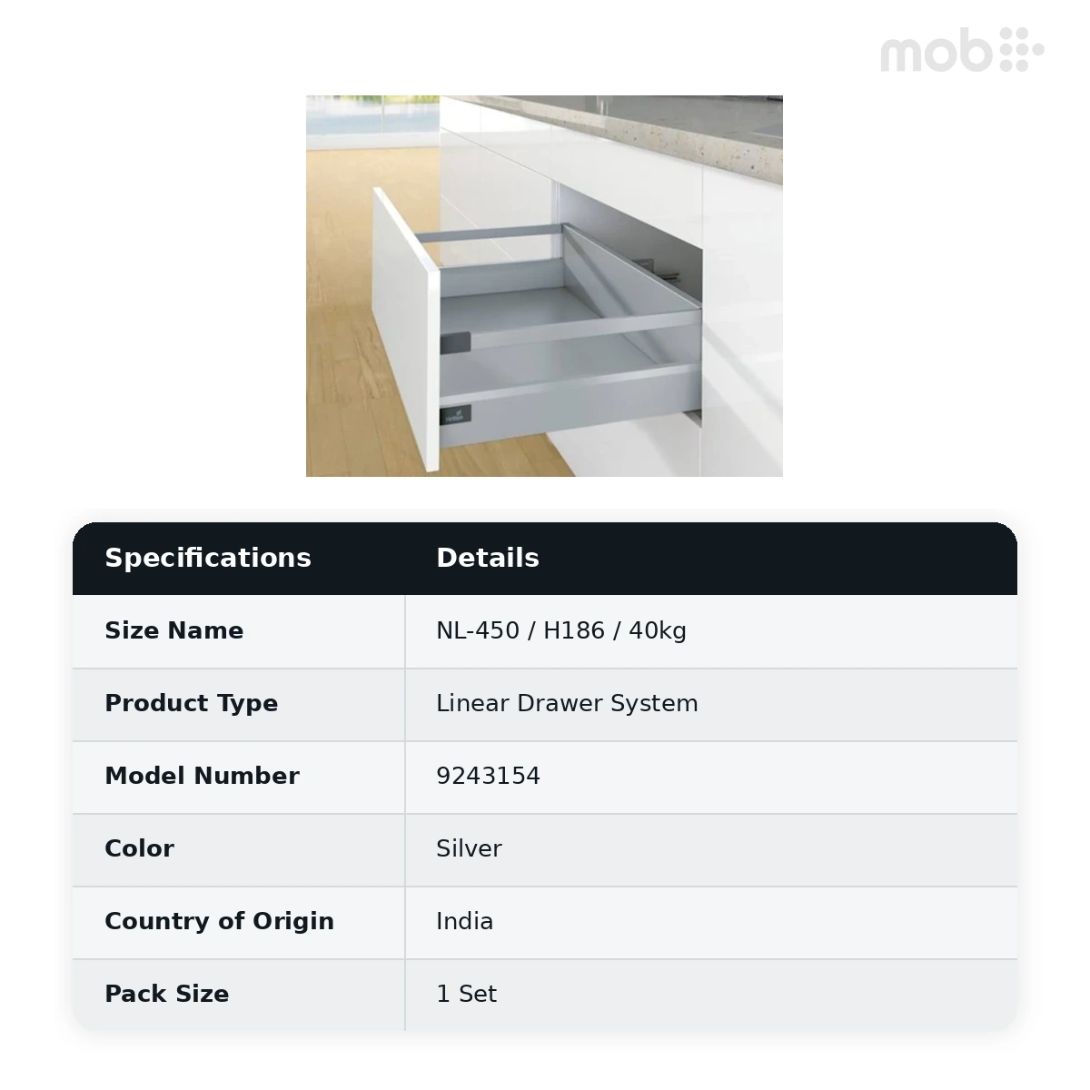 Hettich ArciTech Silver NL-450 mm pot & pan with railing, Height 186 mm, 40 kg code: 9243154 - image 2