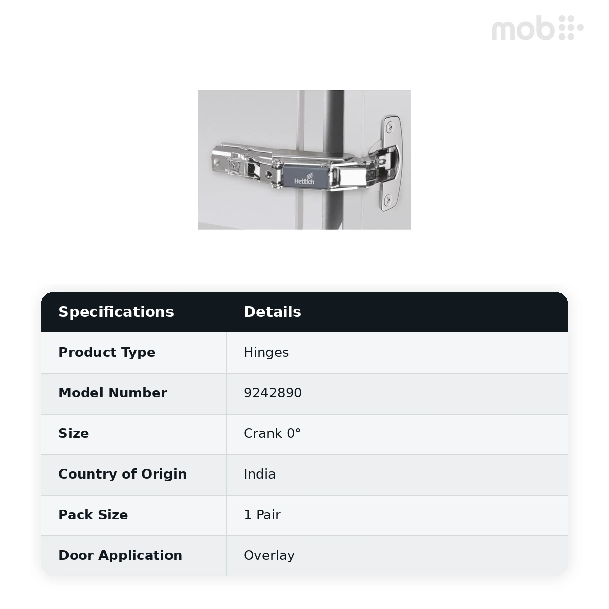 Hettich Self-Closing Intermat 9956 Hinge - TH42 - Crank 0°, Article 9242890 - image 2