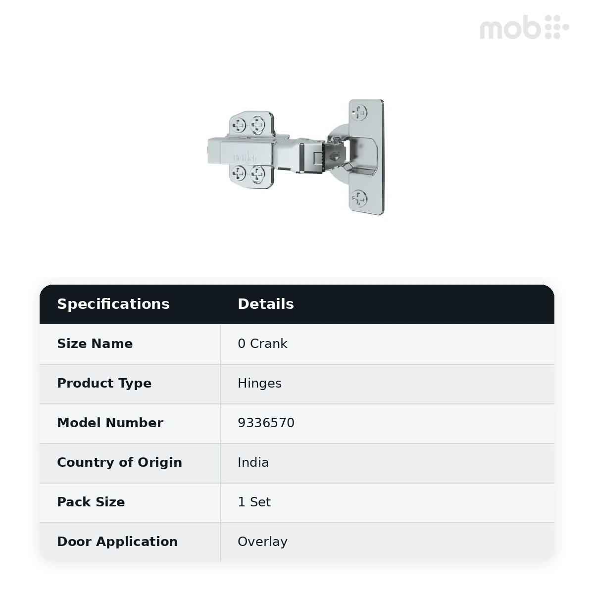 Hettich Auto Closing Onsys 4447i Clip On Hinge - TH52 - 25mm - 0 Crank with 4 hole mounting plate and cover caps code: 9336570 - image 2