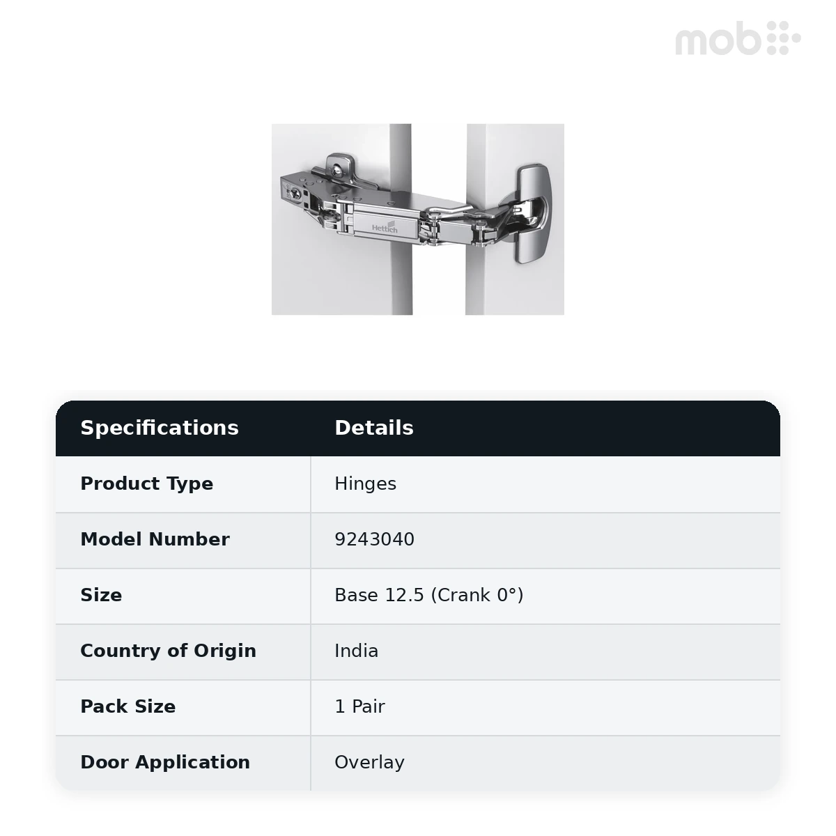 Hettich Soft-Close Sensys 8657i Hinge - TH52 - Base 12.5 (Crank 0°) with Mounting Plate (D 0 mm), Article 9243040 - image 2