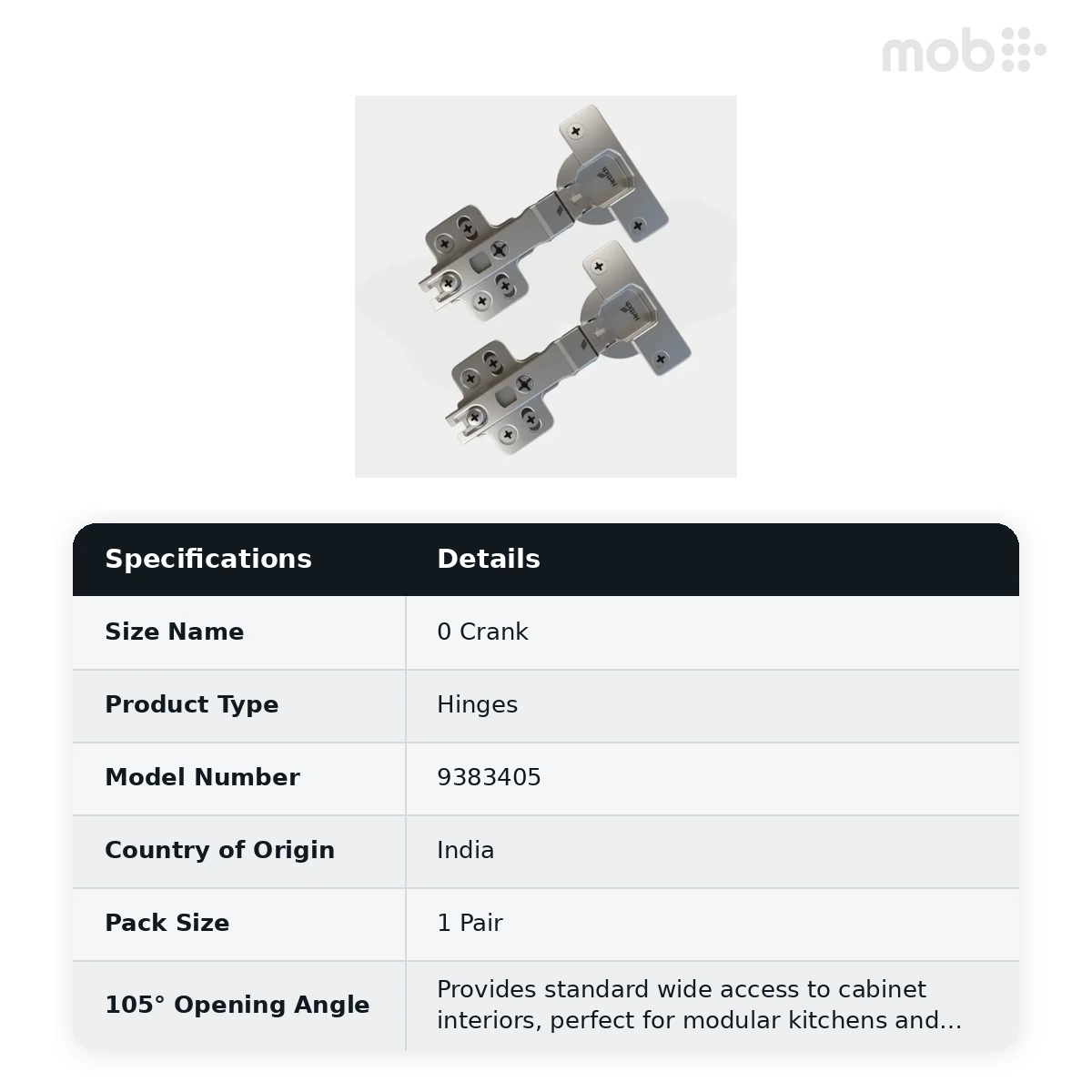 Hettich Soft-Close Slide-On 3447i Hinge with Silent System - TH52 - 25mm - 0 Crank with 4 Hole Mounting Plate, Article 9383405 - image 2