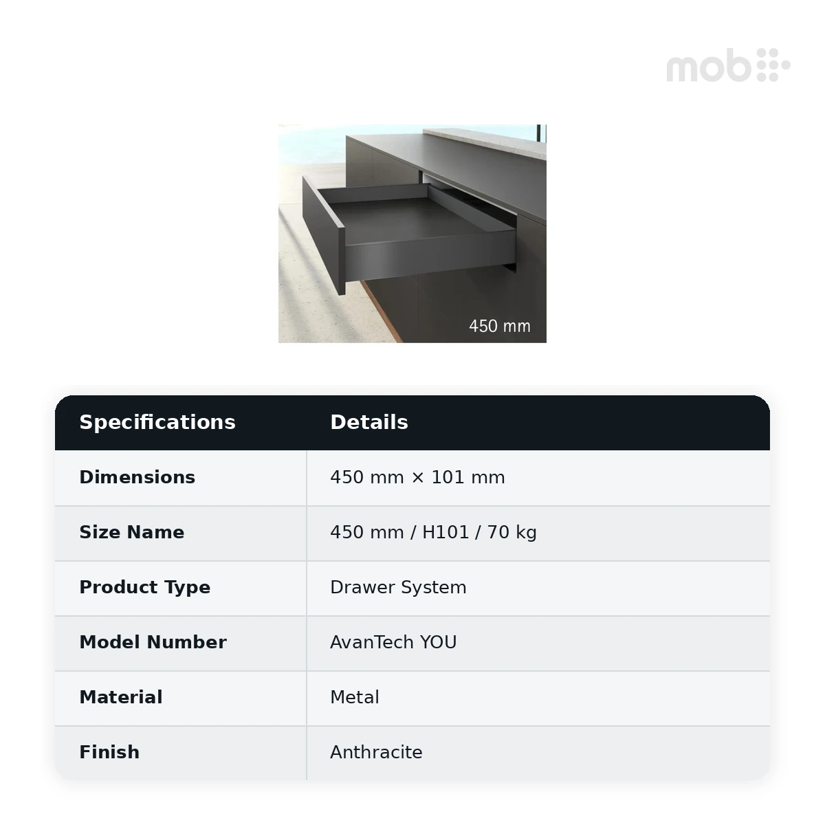Hettich AvanTech YOU Drawer System, Anthracite, 450 mm, H101, 70 kg, Code 9307369 - image 2