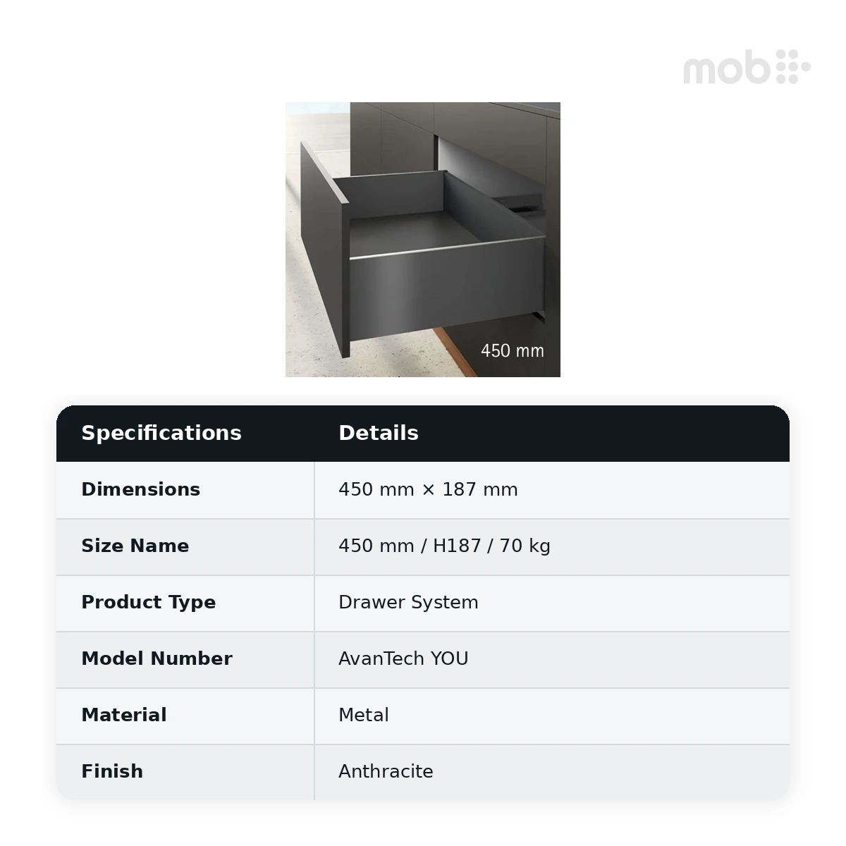 Hettich AvanTech YOU Drawer System, Anthracite, 450 mm, H187, 70 kg, Code 9307370 - image 2