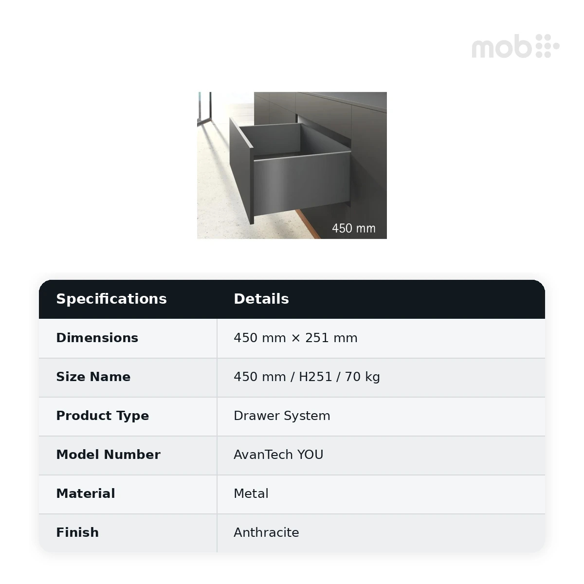 Hettich AvanTech YOU Drawer System, Anthracite, 450 mm, H251, 70 kg, Code 9307381 - image 2