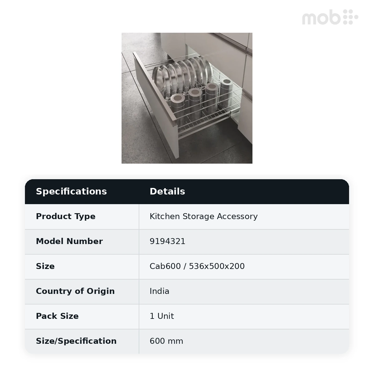 Hettich CargoTech M Thali/Jar Inlet Cabinet 600 mm 536 x 500 x 200 mm code: 9194321 - image 2