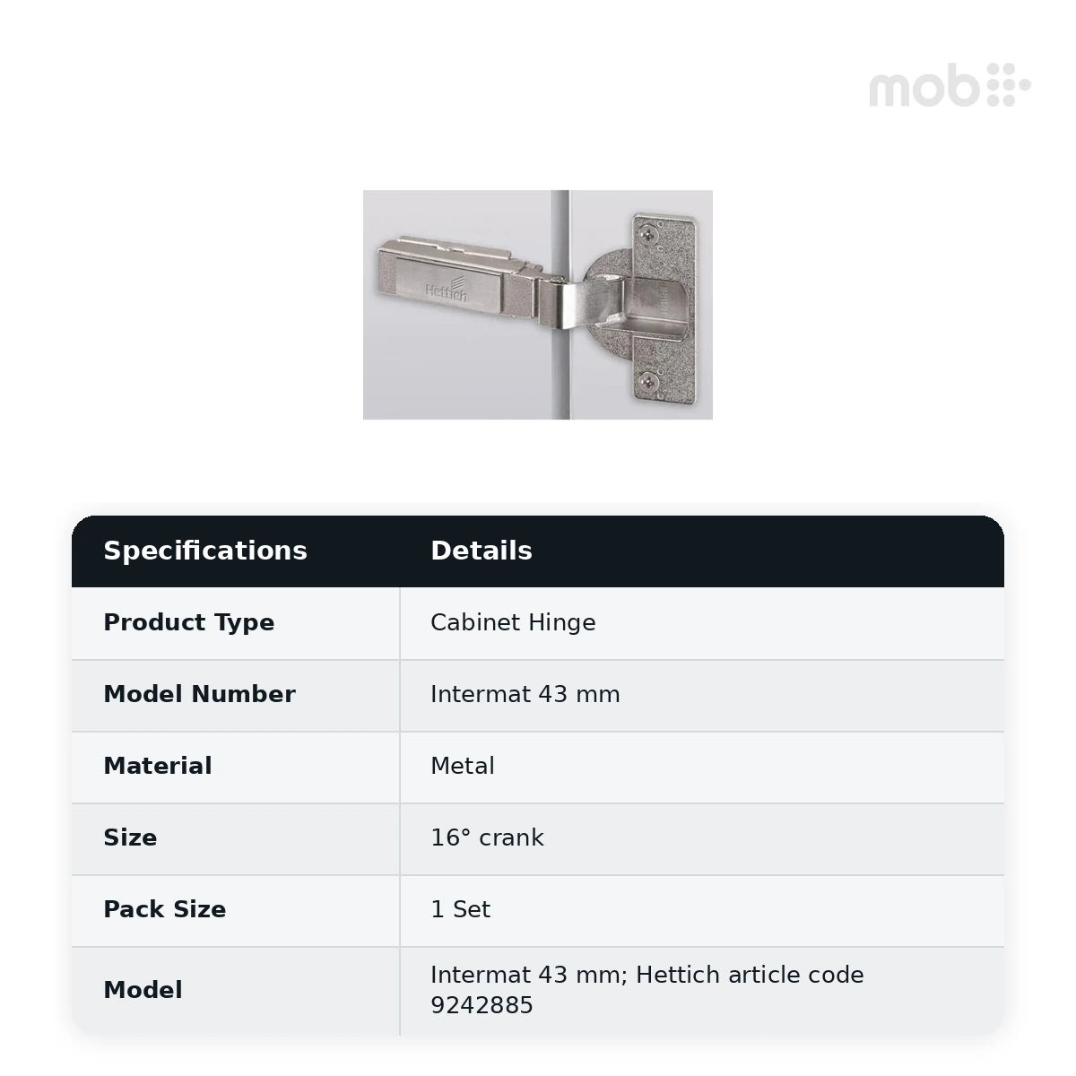 Hettich Intermat 43 mm Automatic Closing Cabinet Hinge, 16° crank, Code 9242885 - image 2