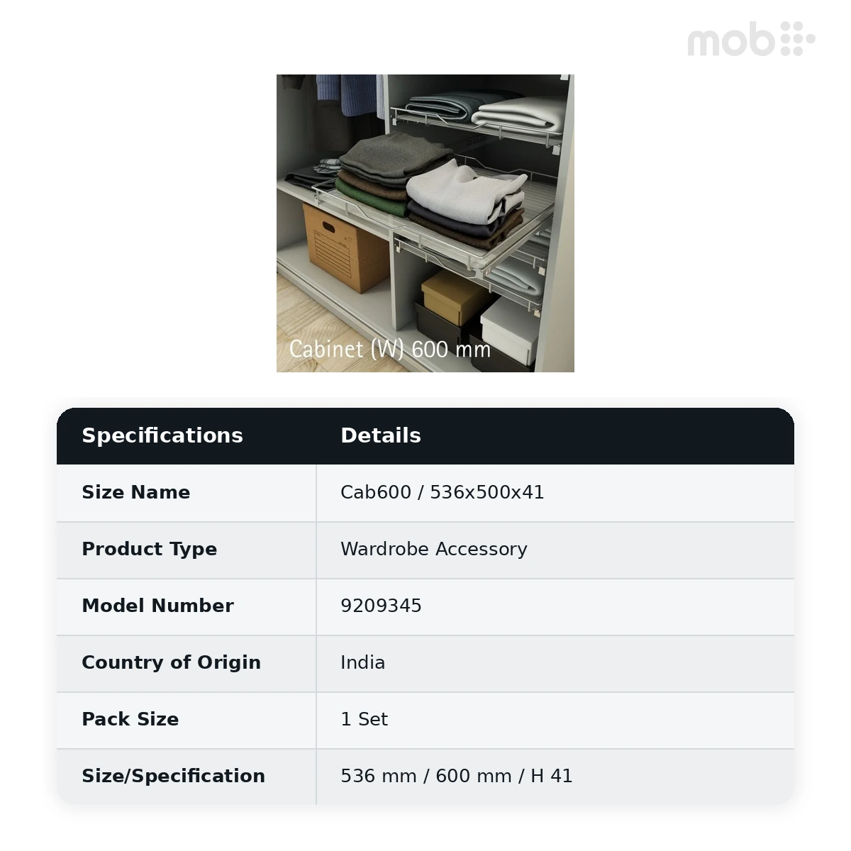 Hettich Pull Out Shelf Cabinet 600 mm W 536 x D 500 x H 41 mm code: 9209345 - image 2