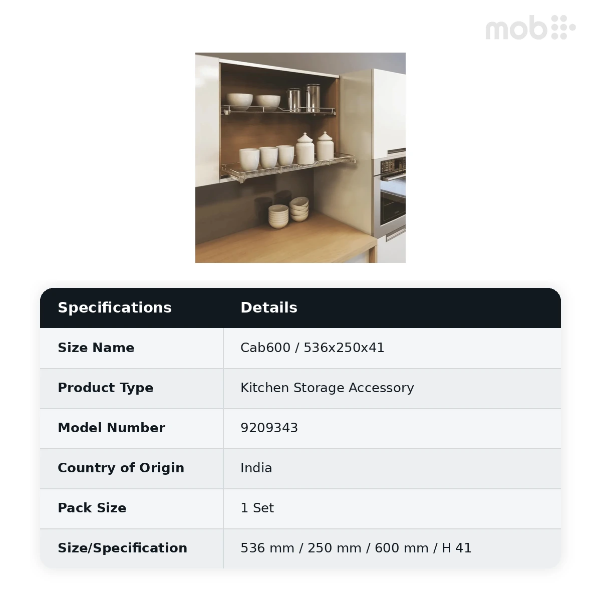 Hettich Pull Out Shelf Wall Unit Cabinet 600 mm W 536 x D 250 x H 41 mm, Article 9209343 - image 2