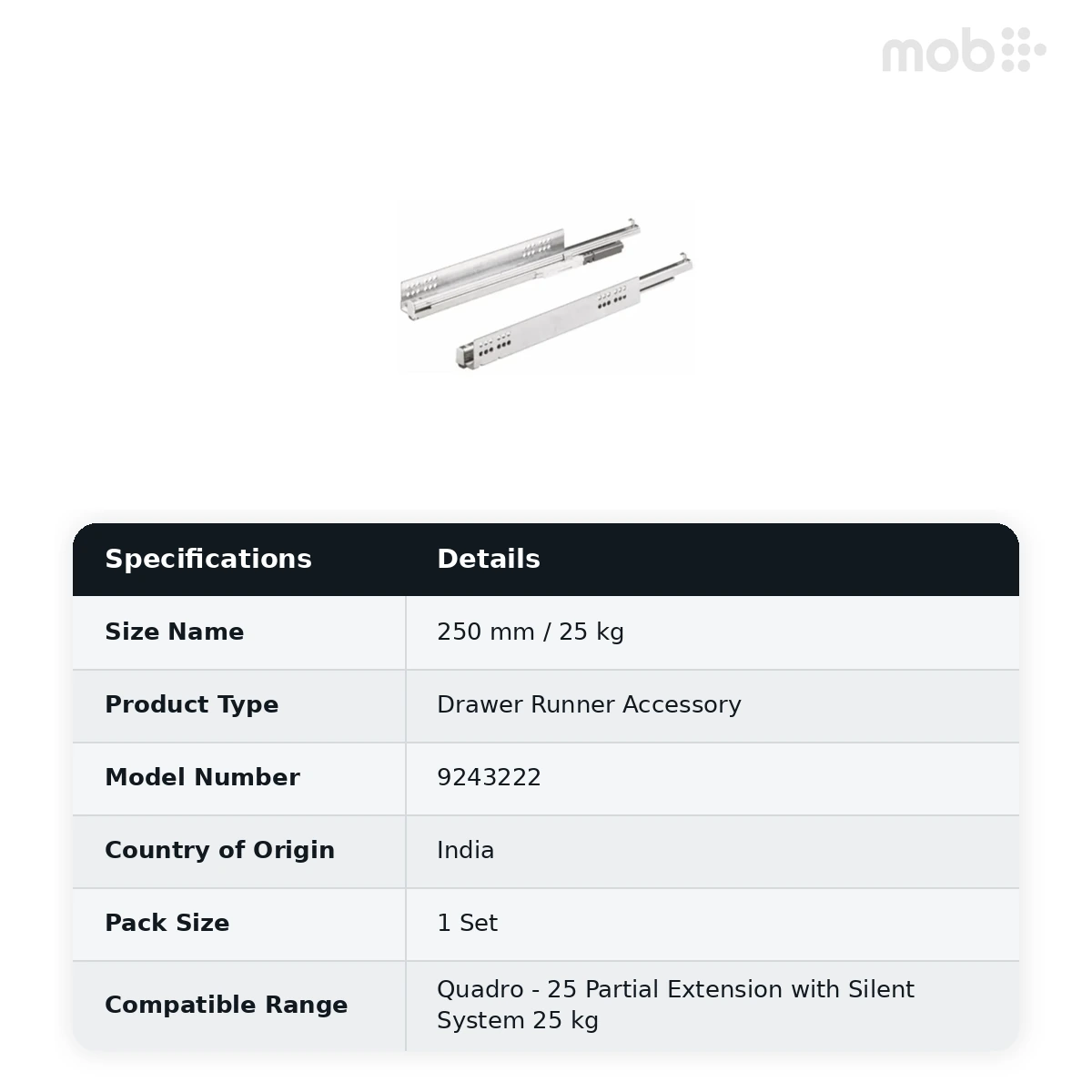 Hettich Quadro - 25 Partial Extension with Silent System 25 kg 250 mm with catches, Article 9243222