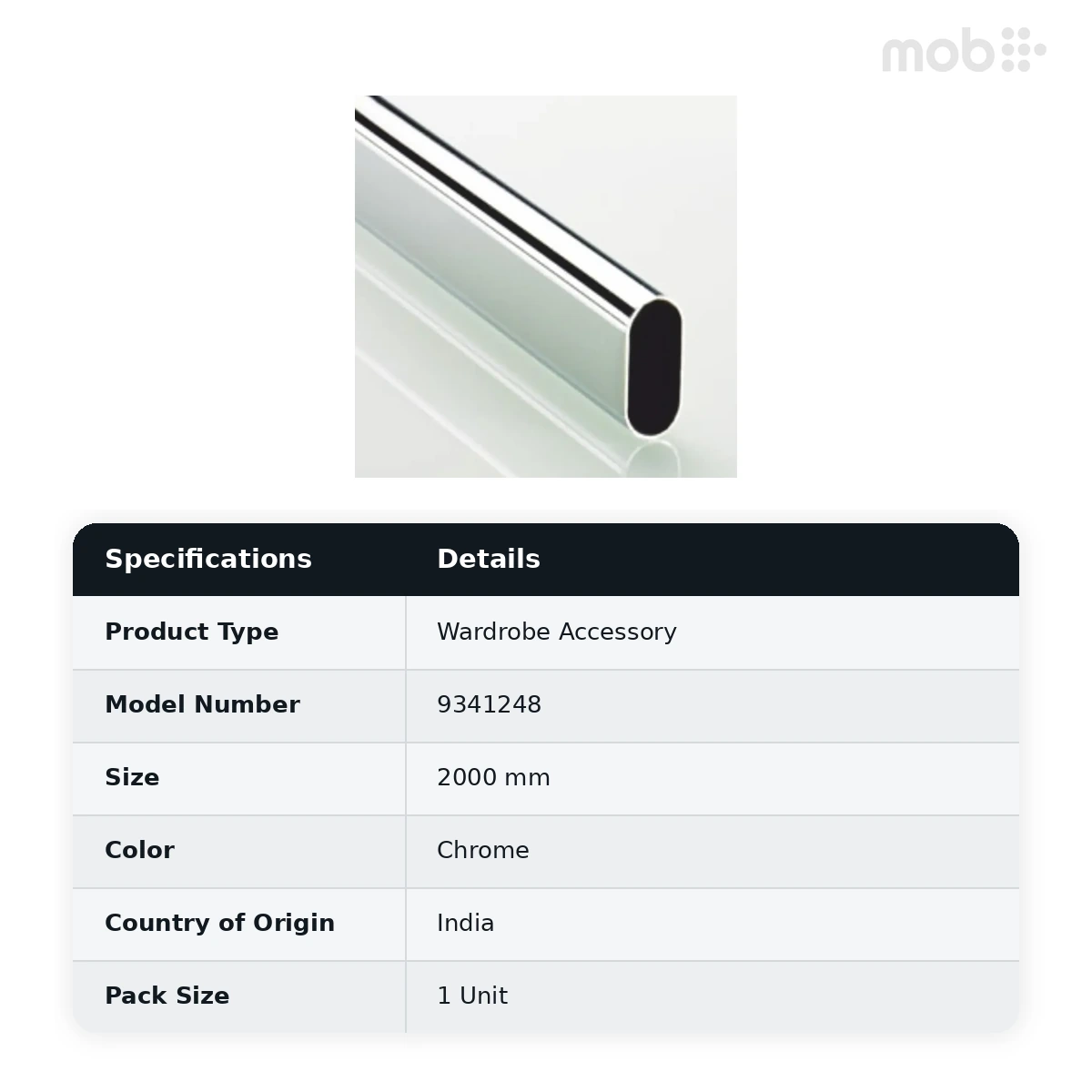 Hettich Wardrobe Tube & Wardrobe Tube Support Oval cabinet rail 2000 mm Chrome Gloss code: 9341248 - image 2