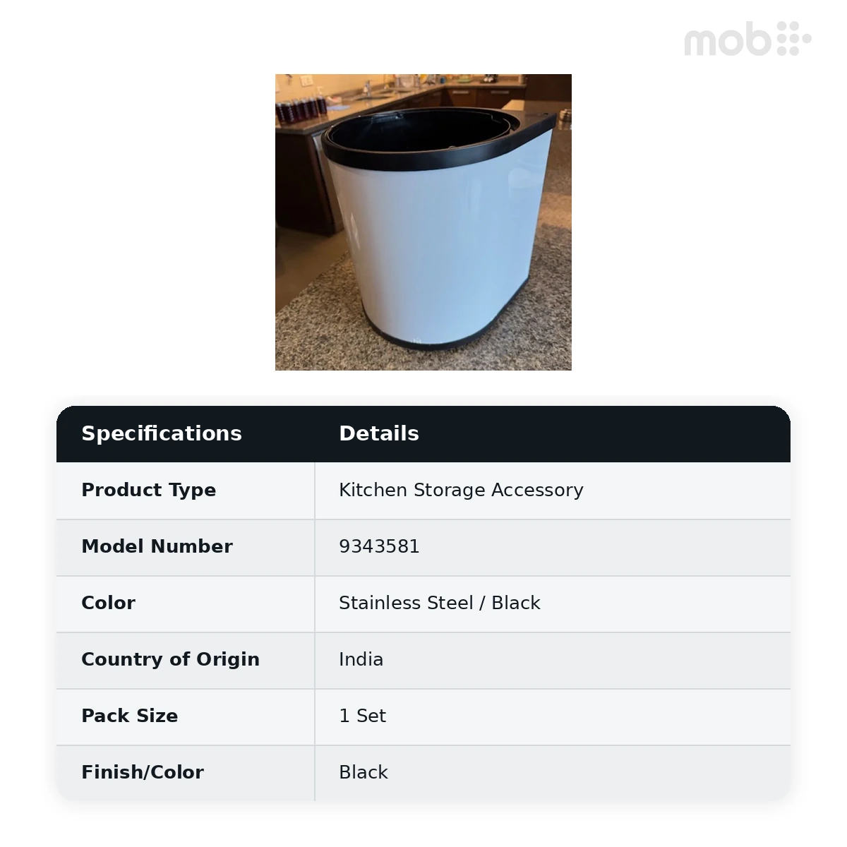 Hettich Waste Bin.It Classic Body Stainless steel with Black plastic Bin, code: 9343581 - image 2