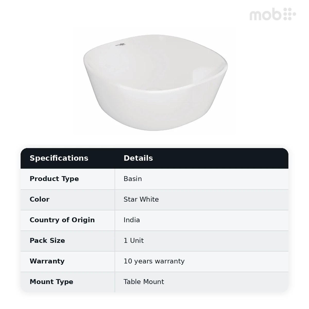 Hindware Amazon Mini Over the Counter Basin, Size : 400 x 400 x 150 mm, ID : 91093, Star White - image 2