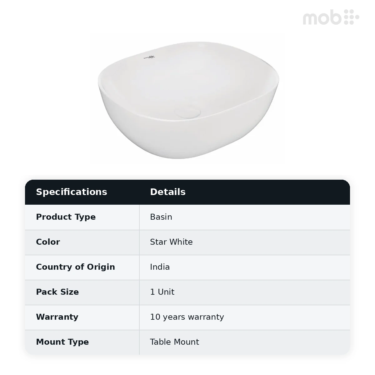Hindware Amazon Over the Counter Basin, Size : 490 x 400 x 150 mm, ID : 91094, Star White - image 2