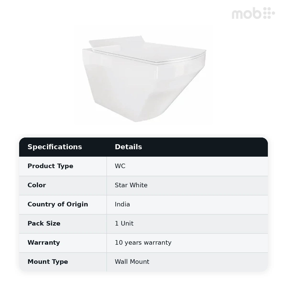 Hindware Aspiro Wall Mounted Toilet, Size : 500 x 345 x 350 mm, ID : 92610 (P-215), Star White - image 2