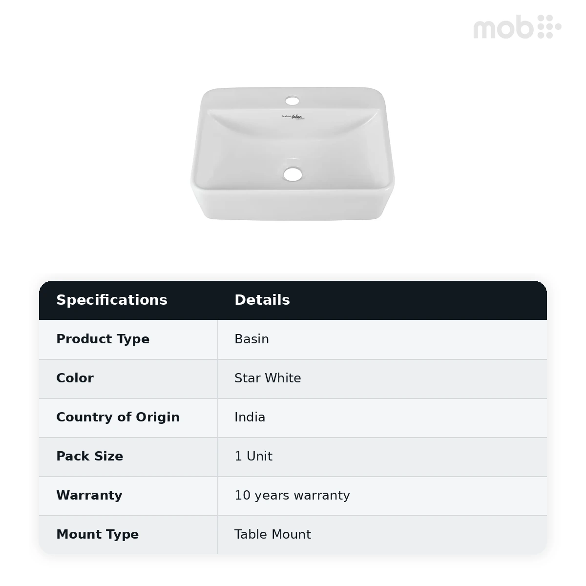 Hindware Charm Over the Counter Basin, Size : 470 x 360 x 130 mm, ID : 91239, Star White - image 2