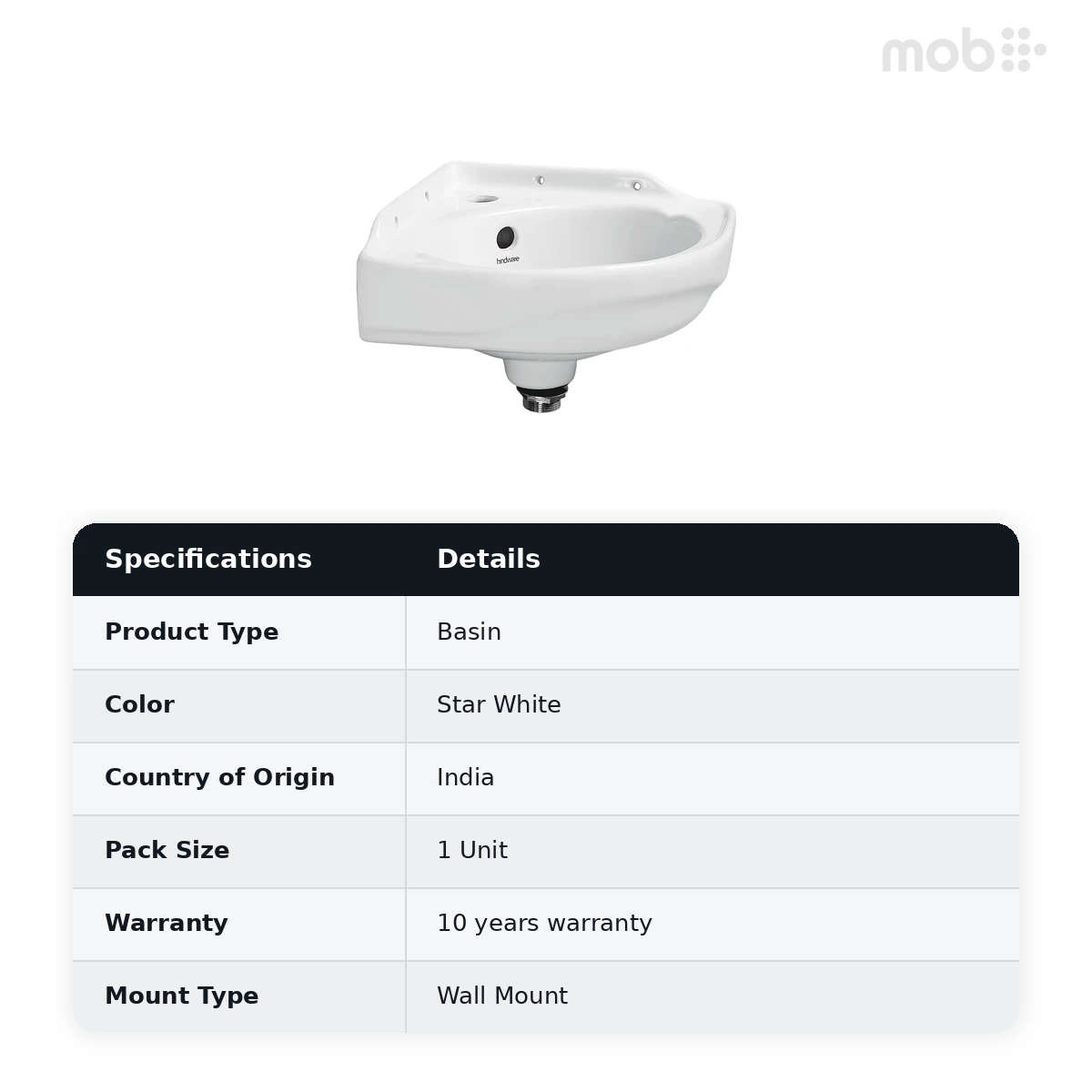 Hindware Corner Wall Hung Basin, Size : 450 x 390 mm, ID : 10031, Star White