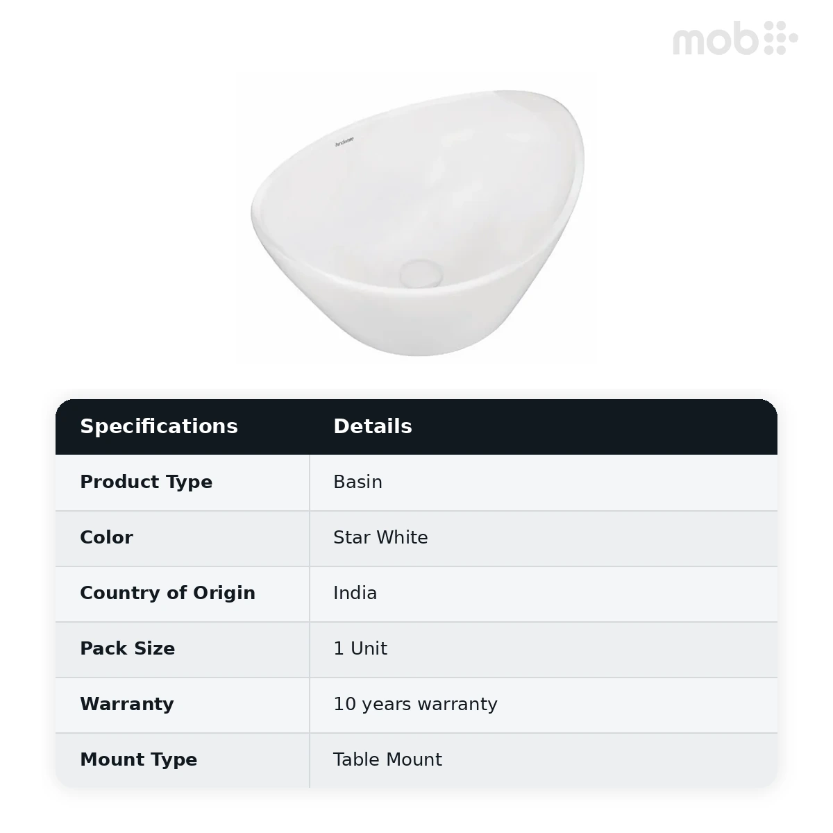 Hindware Dew Over the Counter Basin, Size : 415 x 350 x 290 mm, ID : 10102, Star White - image 2